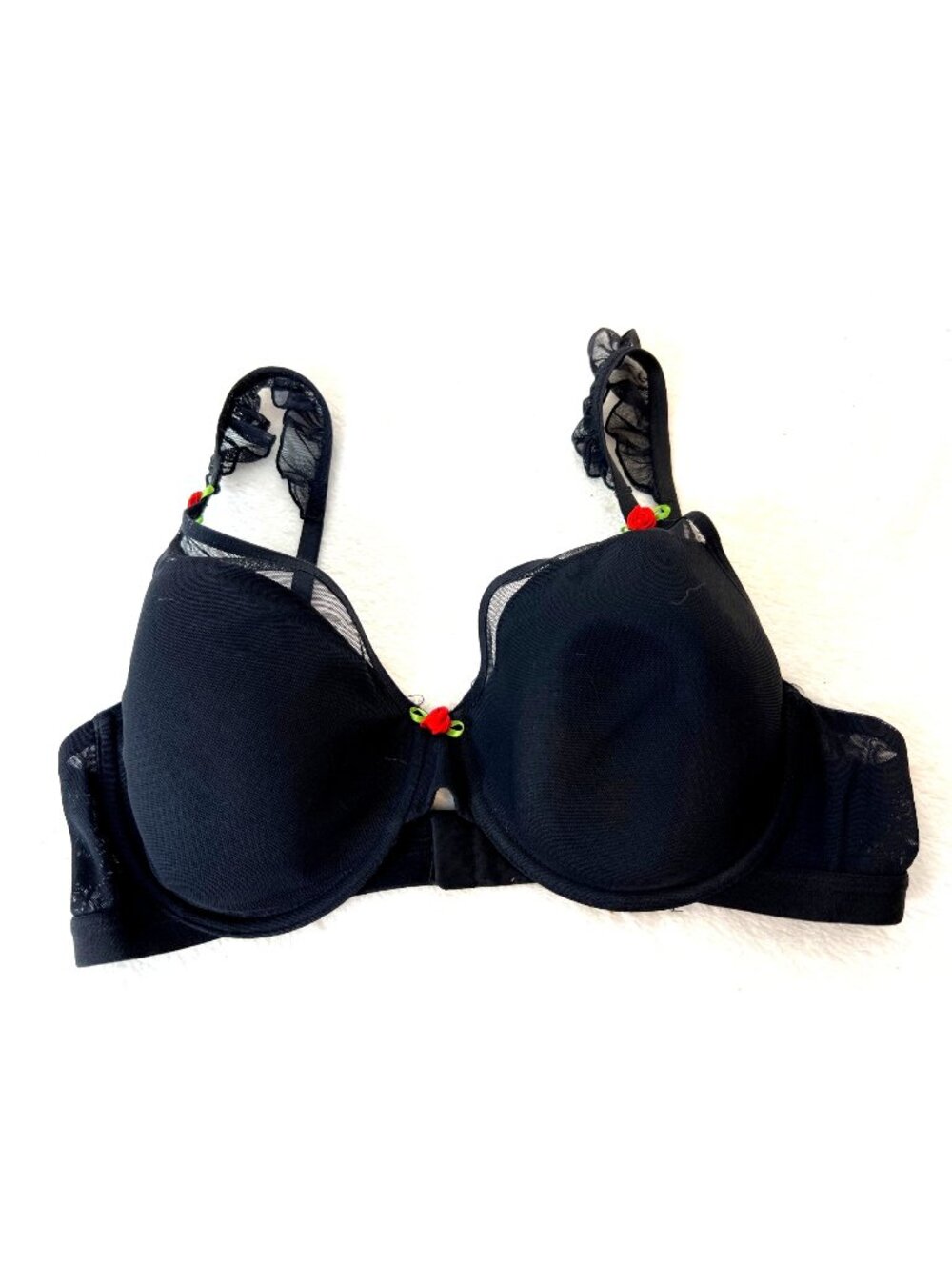 Parade Bra Womens L Black Mesh Ruffle Strap Rose Detail Padded Cups Rosettes
